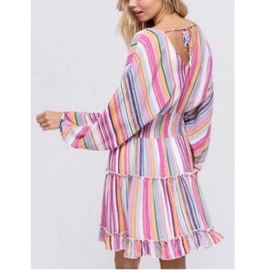 La Miel Hyped Unicorn V-Neck Batwing Sleeve Striped  Ruffle Tiered Boho Dress